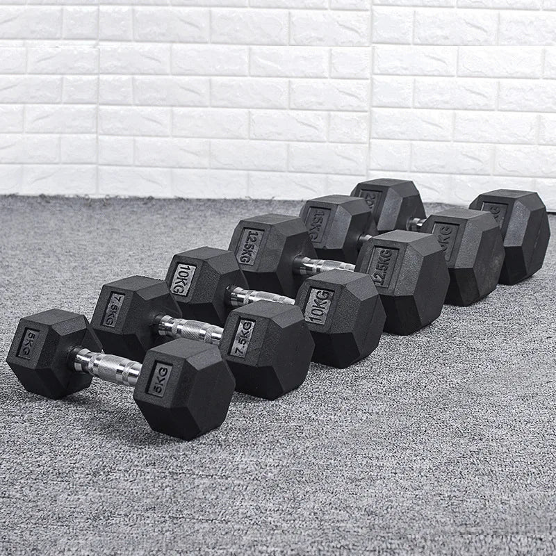 Gym Commercial Full Set Of Custom Solid Iron Steel Safety Non-Slip Handle Hexagonal Rubber-Coated Dumbbells