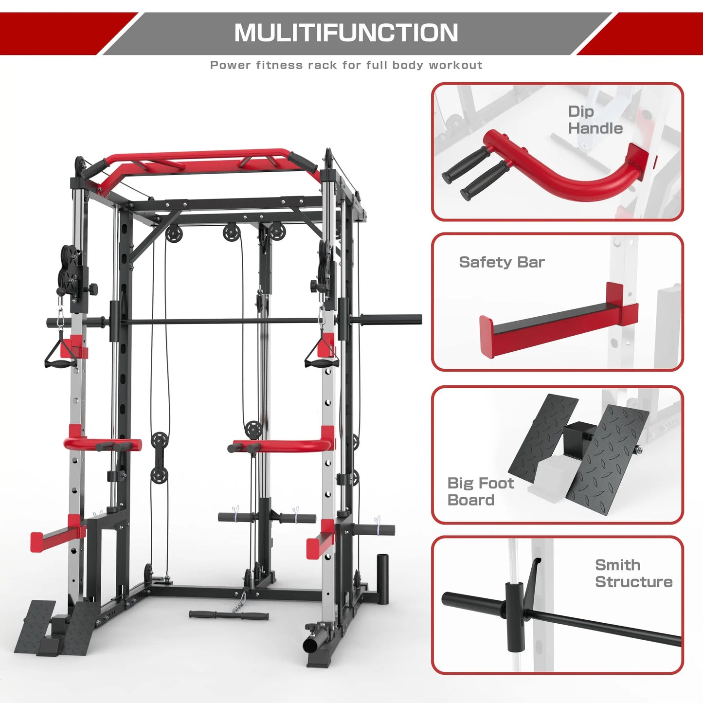 Smith Machine Power Cage with Crossover Cable Machine and LAT Pulldown for Home Gym Smith Rack and Cage