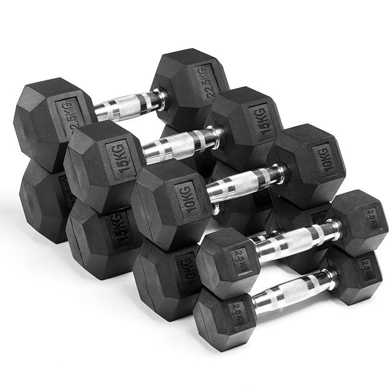 Gym Commercial Full Set Of Custom Solid Iron Steel Safety Non-Slip Handle Hexagonal Rubber-Coated Dumbbells