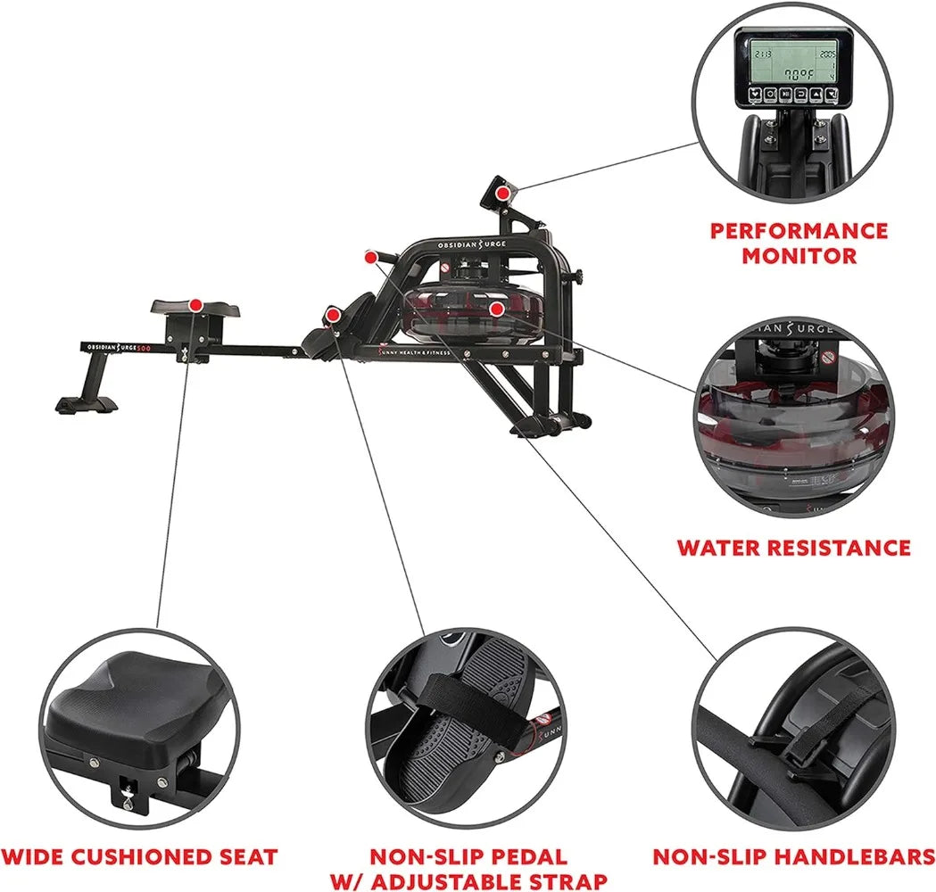 Water Rowing Machine, Indoor Exercise Plus Optional Connected Fitness with SunnyFit® App and Wooden Smart Foldable